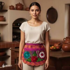 Mexican Embroidered Waist Apron – Floral Pocket Design, Traditional Tie Apron